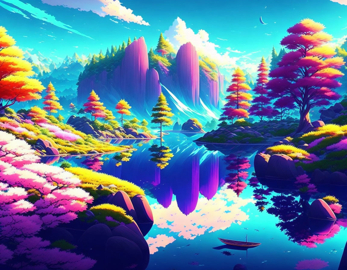 Colorful trees, serene lake, and waterfalls in digital landscape art