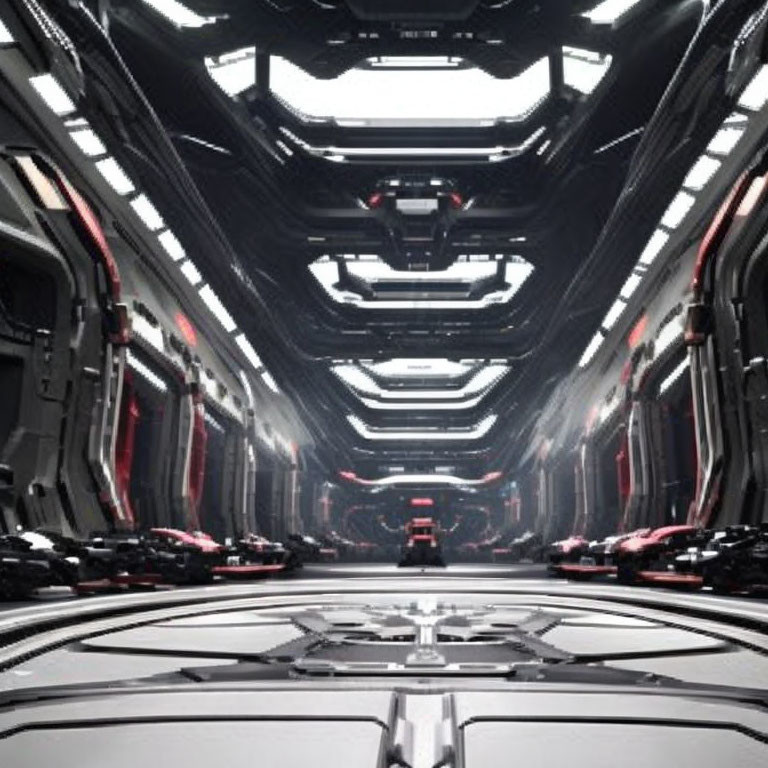 Symmetrical high-tech spaceship corridor with metallic walls and red lights