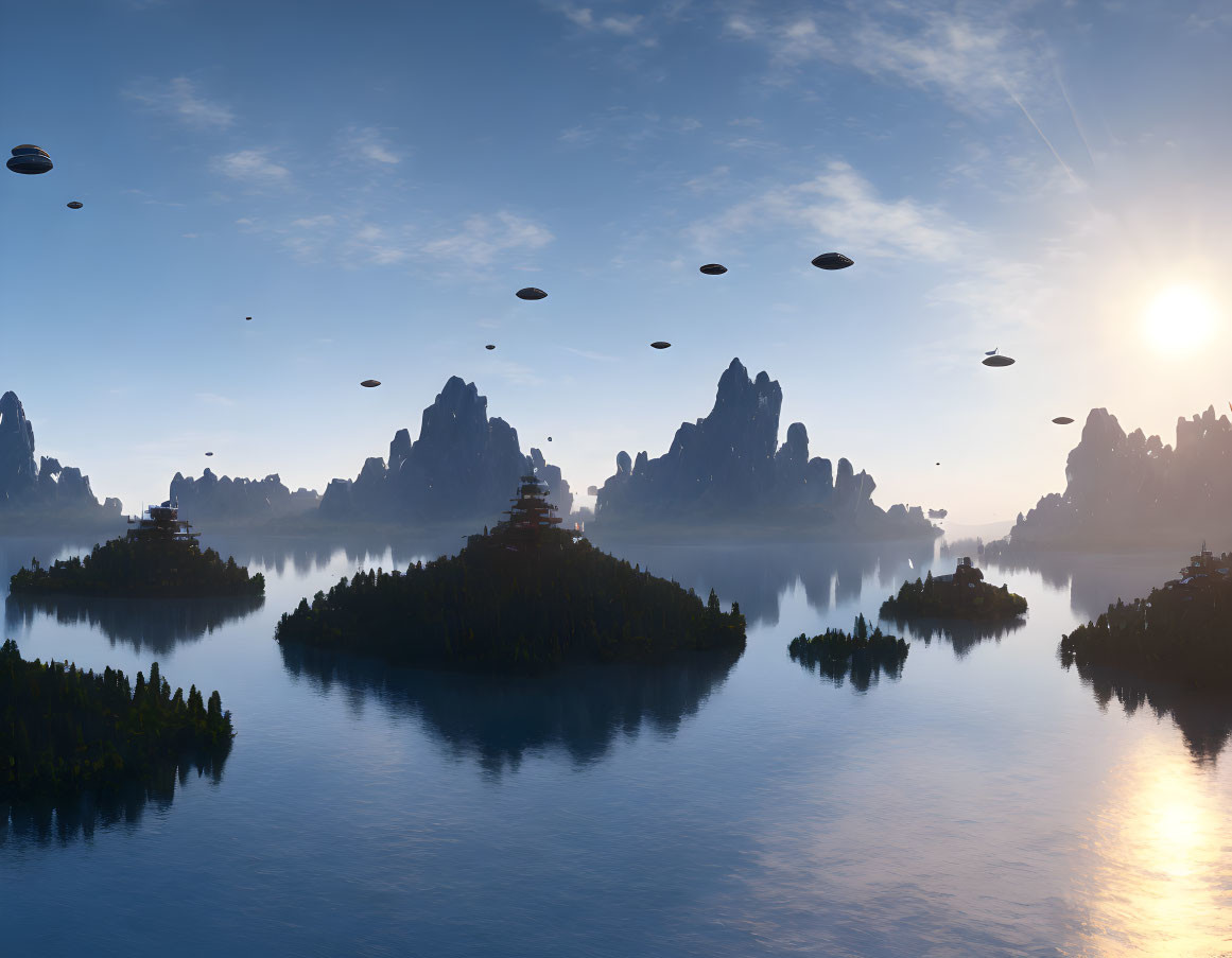 Tranquil landscape with reflective water, islands, rock formations, and flying saucers at sunset