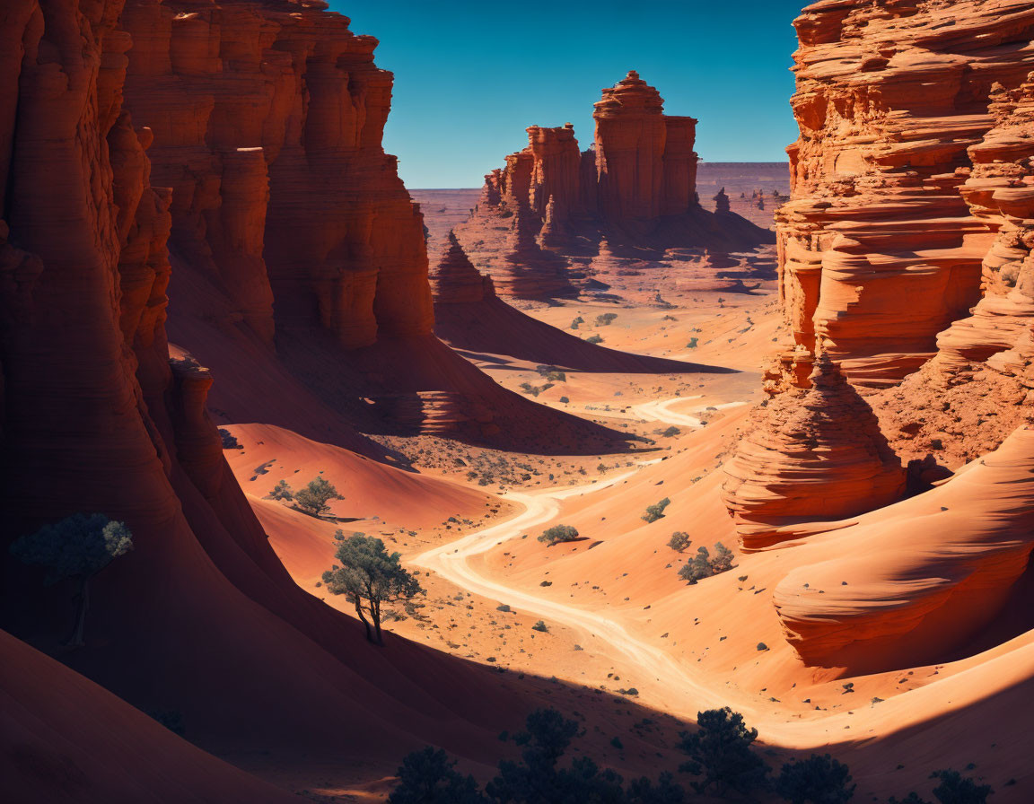 Dirt road winding through red sandstone formations