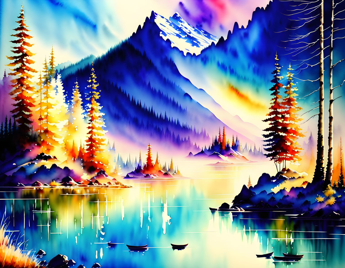 Colorful Landscape Painting: Serene Lake, Autumn Trees, Mountains, Dramatic Sky