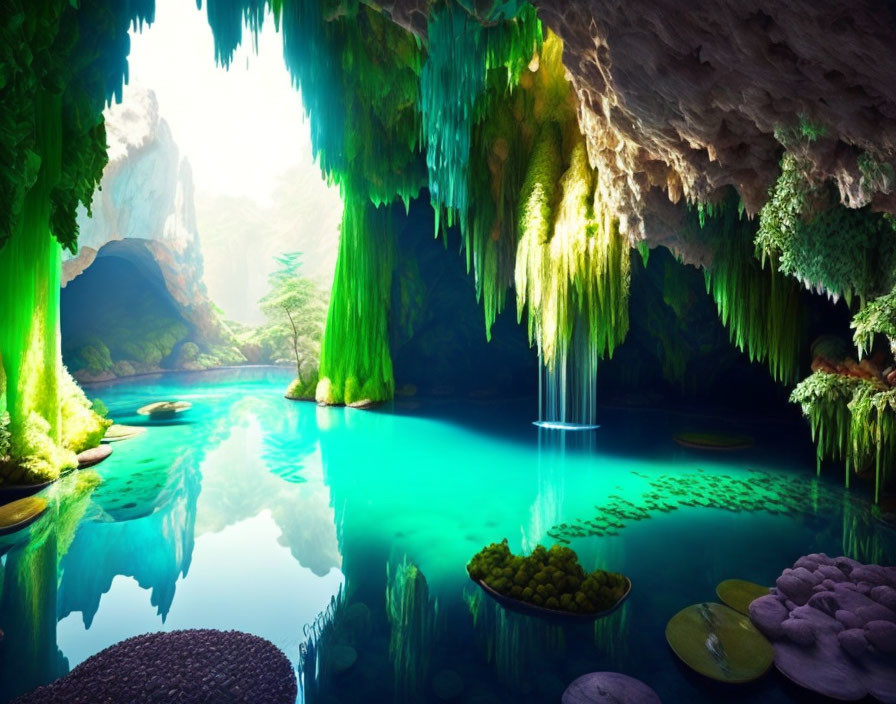 Vibrant underground cave with blue lake, greenery, stalactites & sunlight