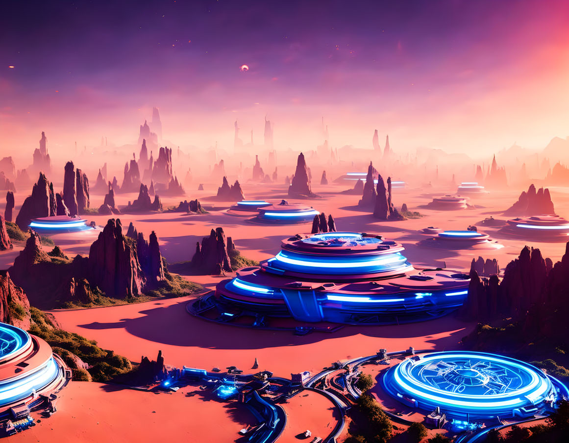 Futuristic floating cities above red desert with pink-purple sky