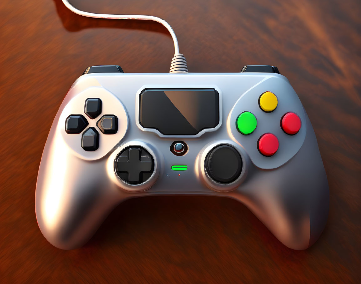 Silver video game controller with screen and colorful buttons on wooden surface