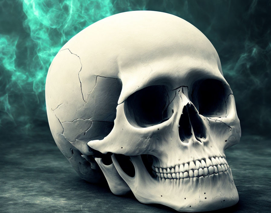 Human skull with visible crack on dark background and ethereal blue smoke