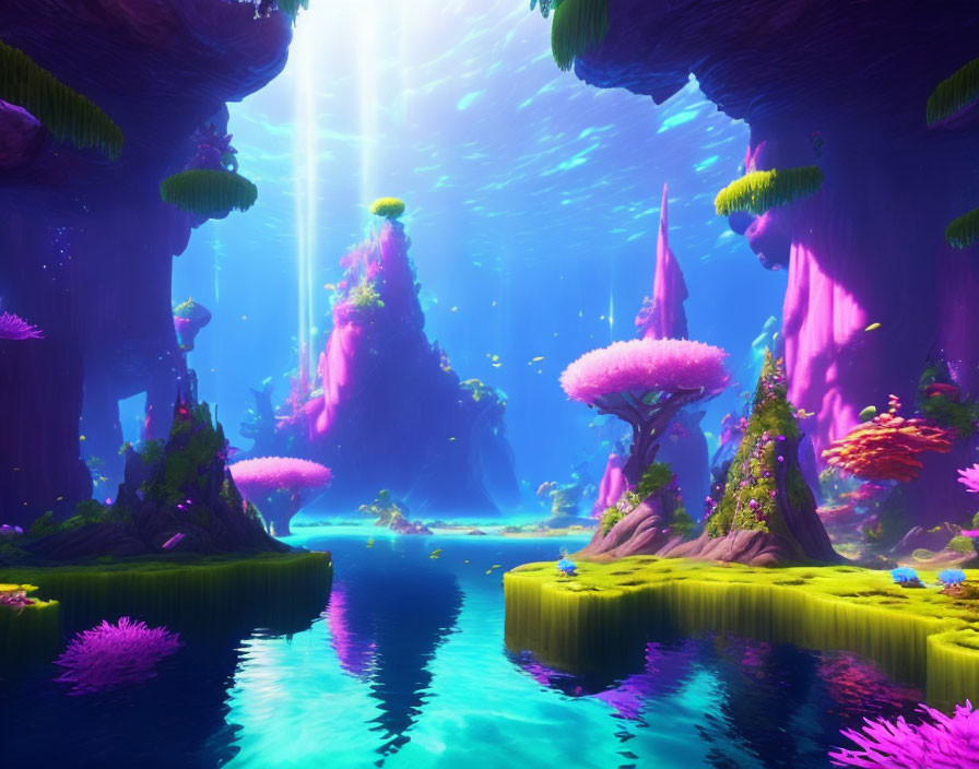 Vibrant flora and ethereal light in mystical alien landscape