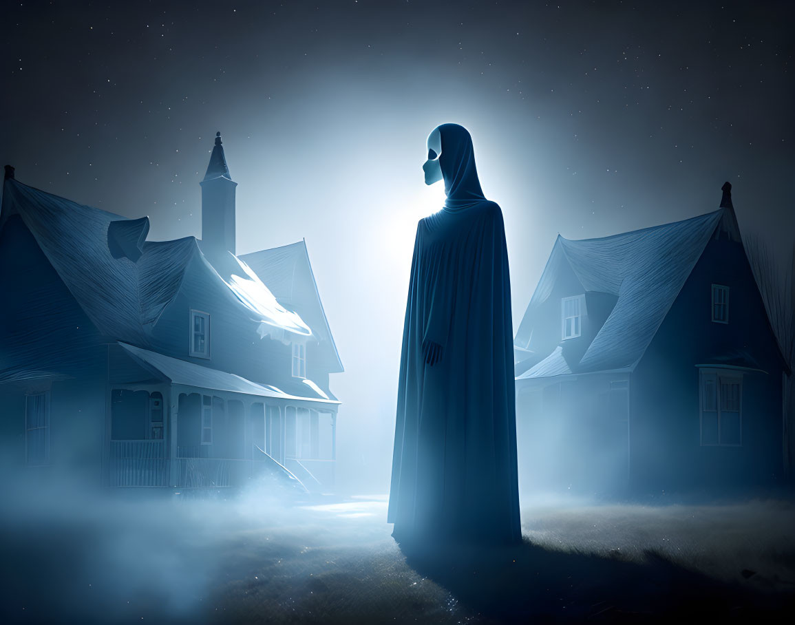 Mysterious cloaked figure on foggy night street with glowing light and silhouetted houses