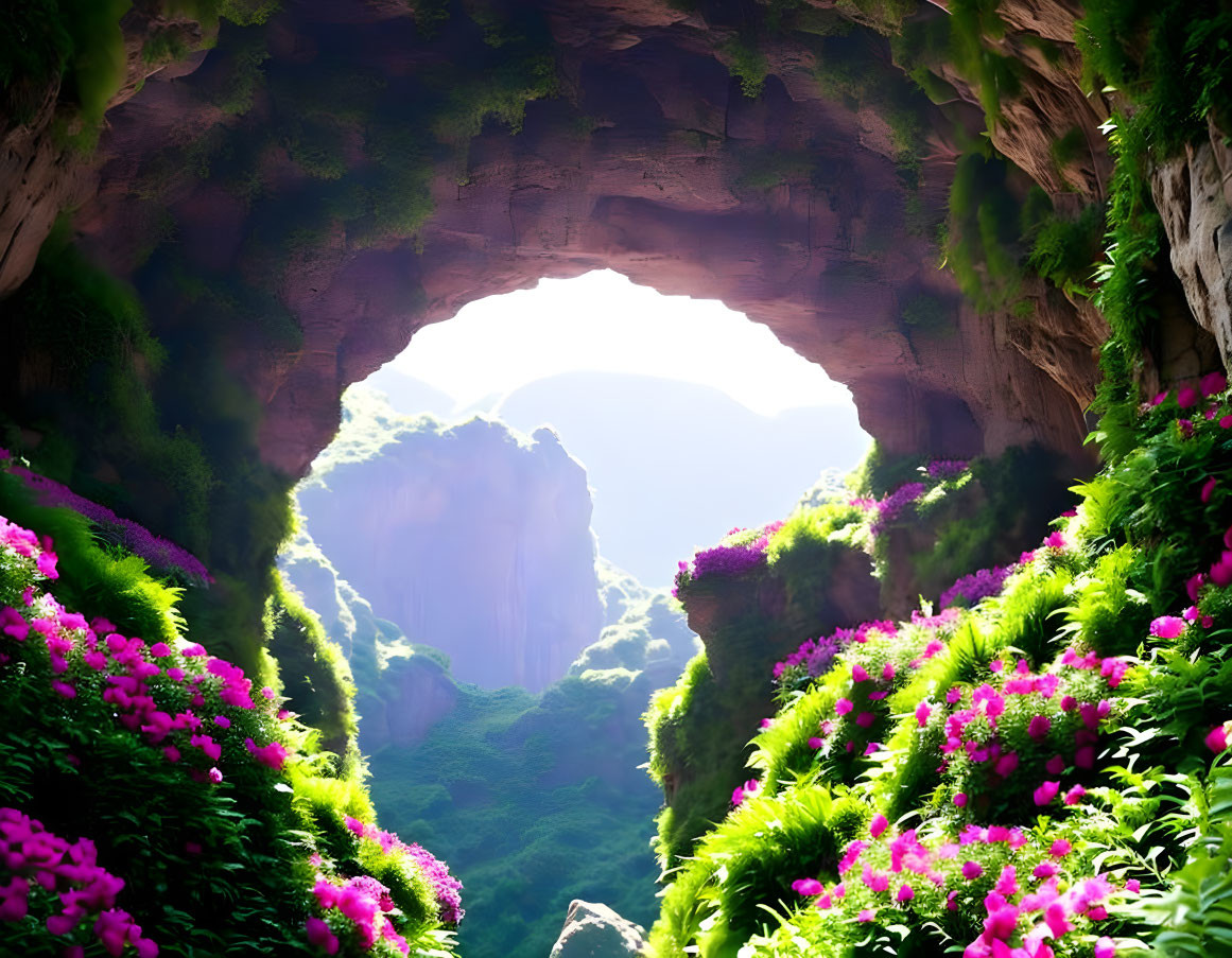 Lush Greenery and Pink Flowers Frame Cave Entrance and Distant Mountains