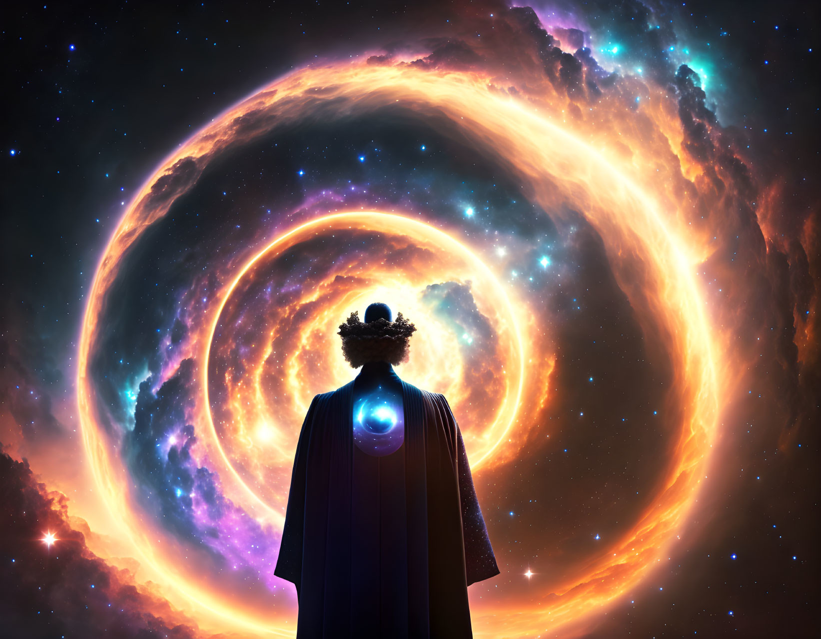 Figure standing before swirling galaxy colors with energy orb at chest