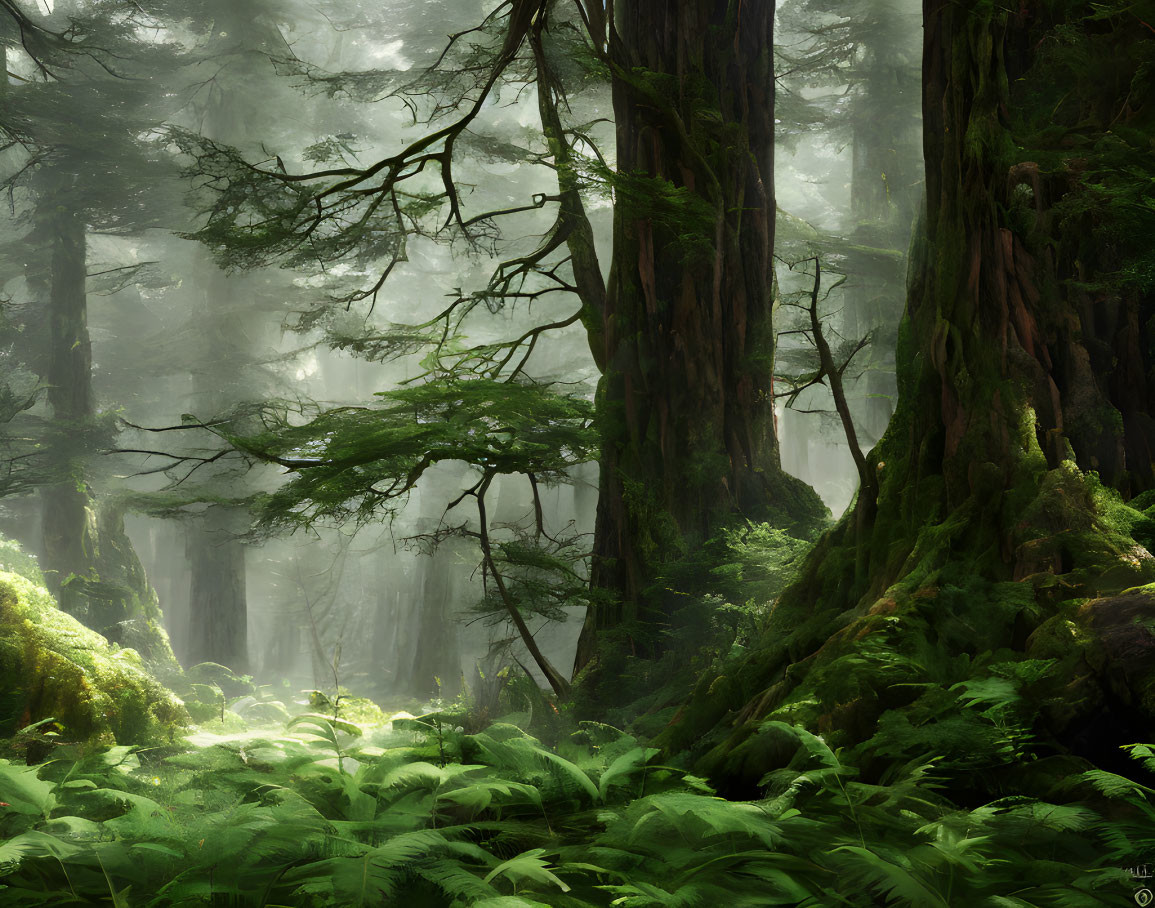 Lush misty forest with towering trees and dense undergrowth.