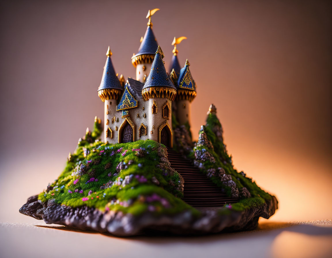 Miniature fantasy castle with blue roofs on grassy knoll and colorful flowers.