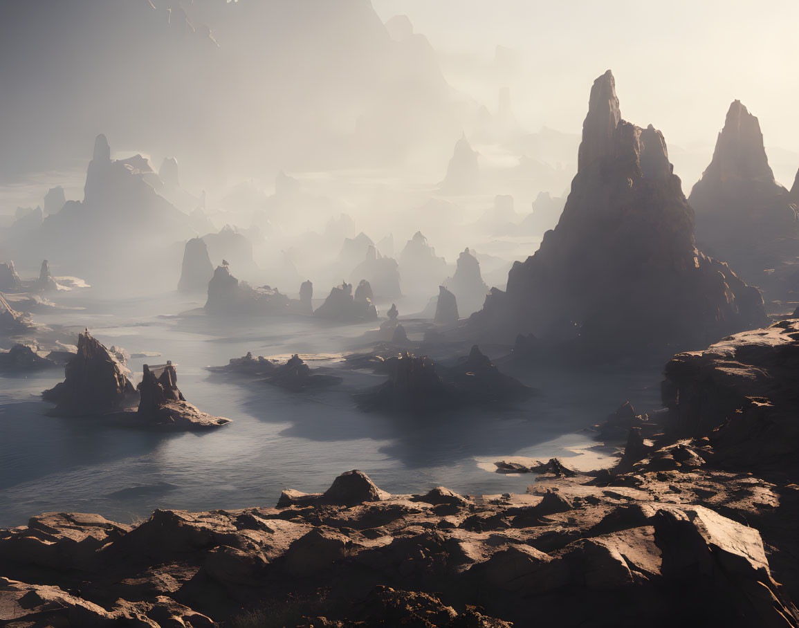 Tranquil foggy landscape with majestic rock formations and calm water