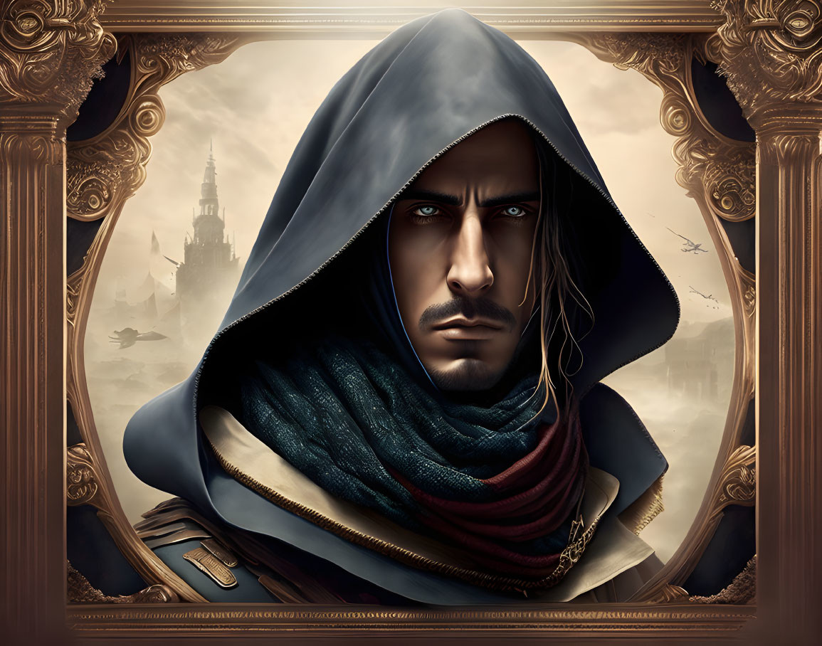 Fantastical cityscape with intense-eyed man in hooded cloak amid golden borders