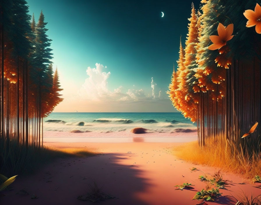 Twilight beach scene with lush forests, orange leaves, and crescent moon