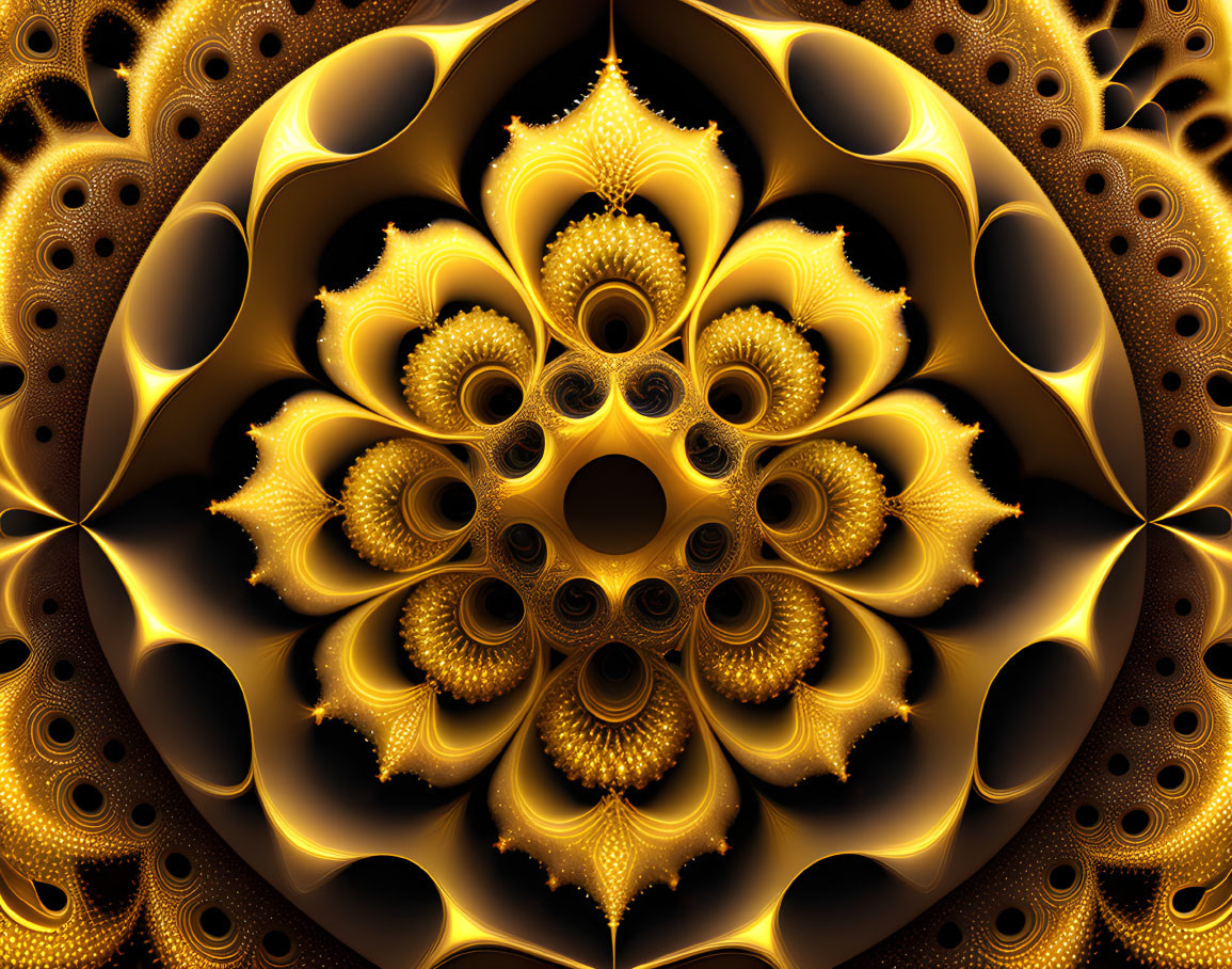 Symmetrical gold and black fractal with floral and mandala patterns