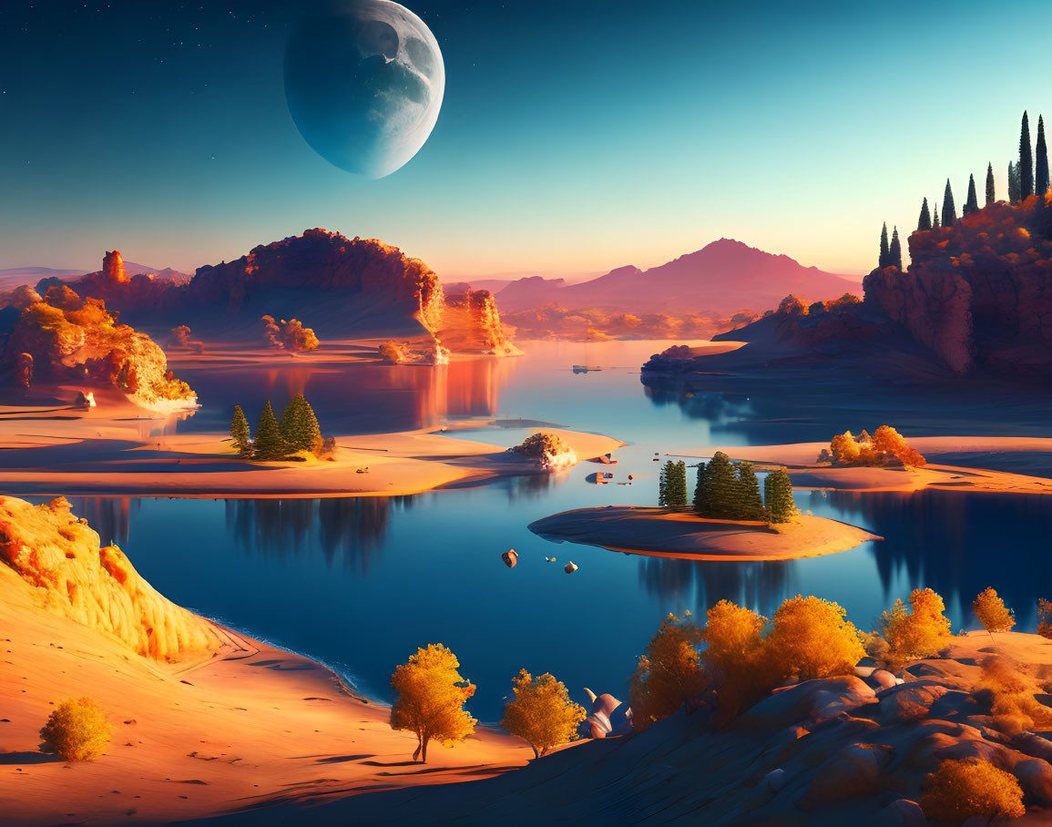 Surreal landscape with orange hue, lakes, sand dunes, and large moon.