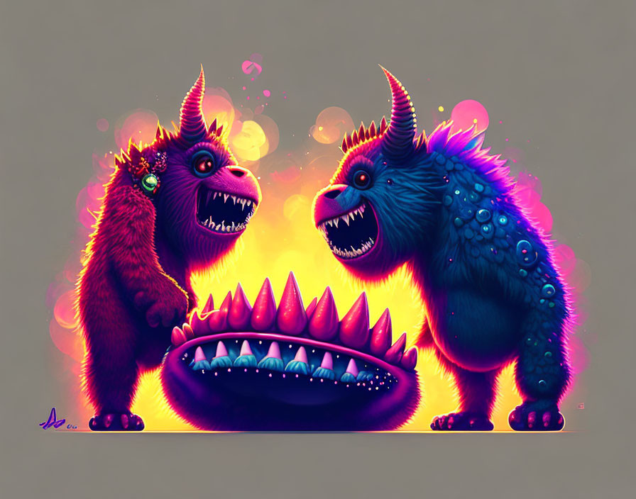 Colorful stylized monsters with horns and fur next to a spiked creature on warm background