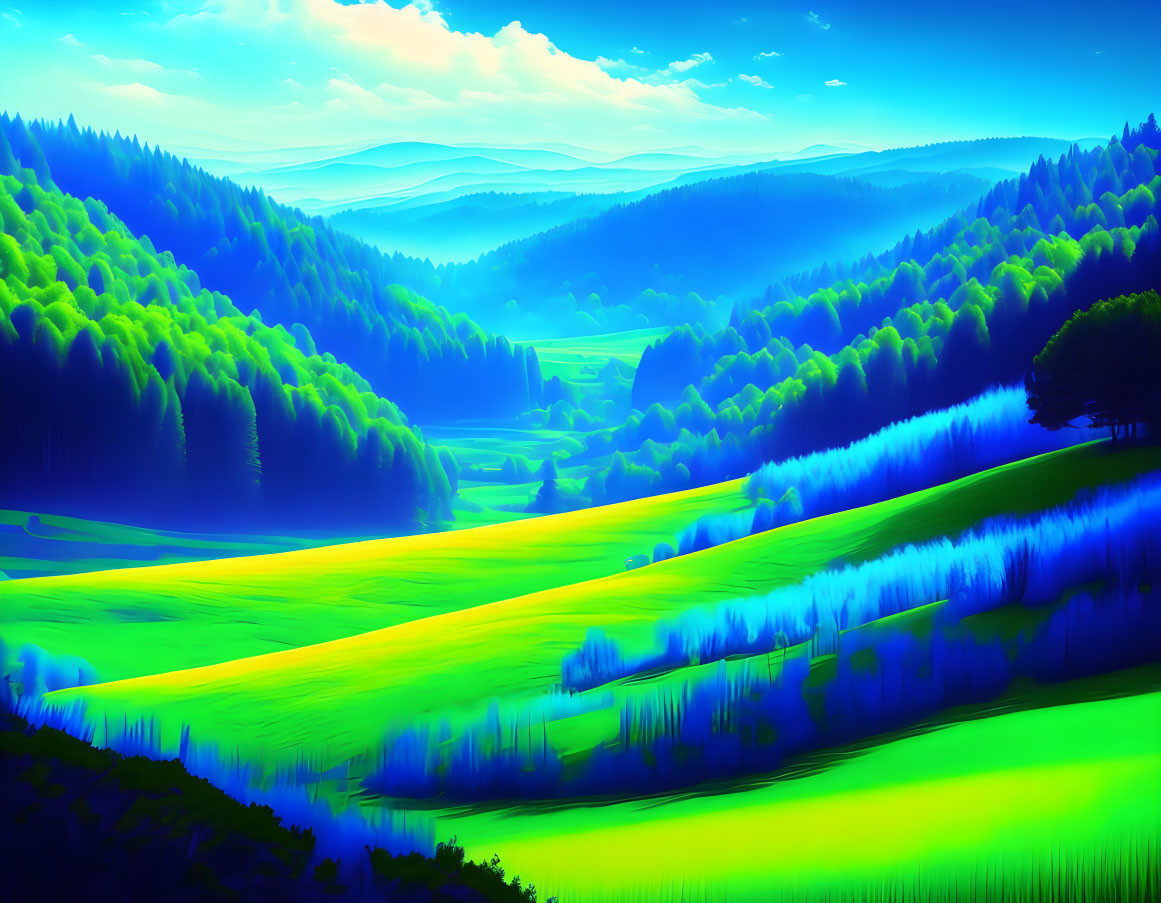 Vibrant digitally rendered landscape of rolling hills and lush green grass