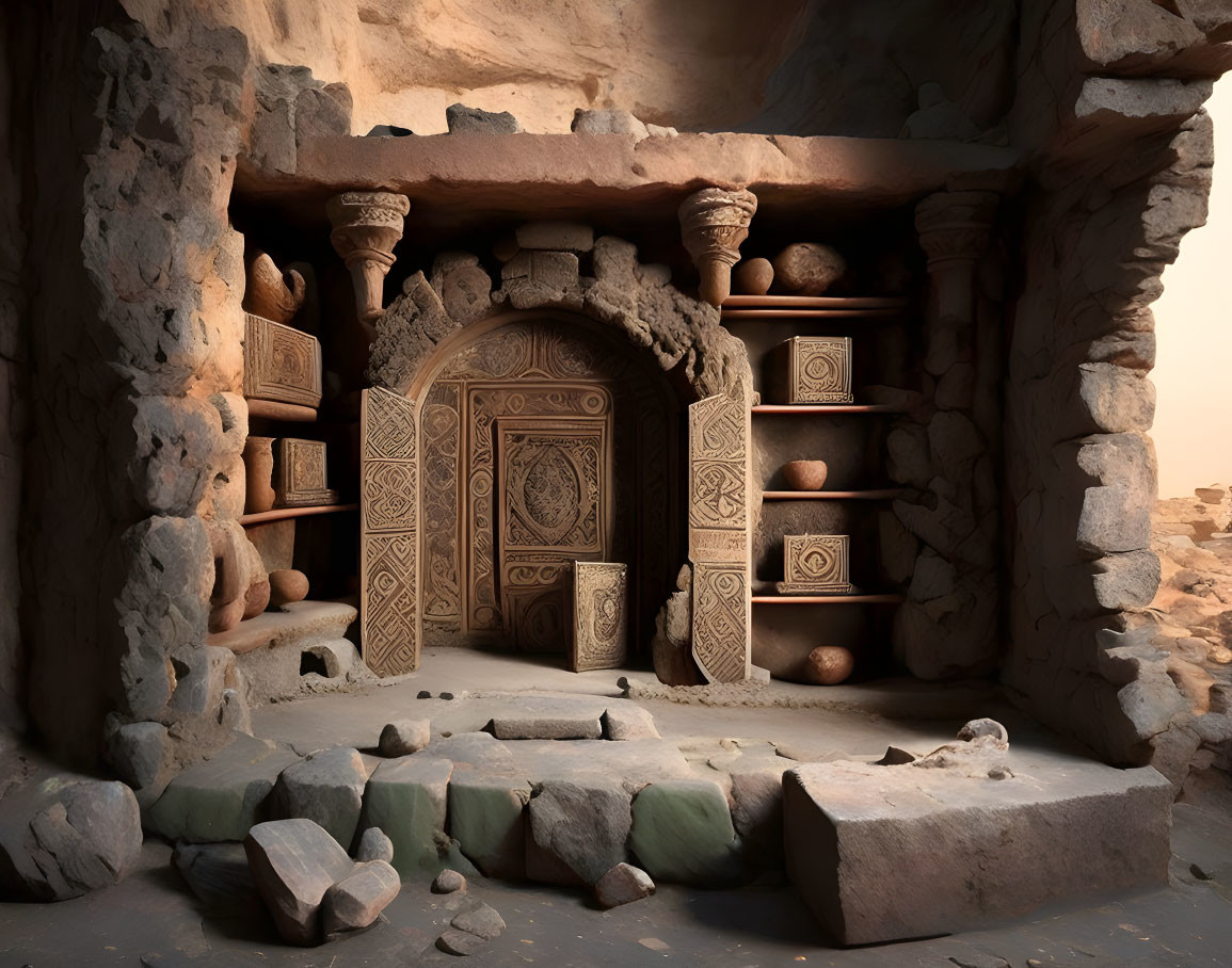 Ancient ornate carved doorway in stone ruin with pottery shelves under hazy sky