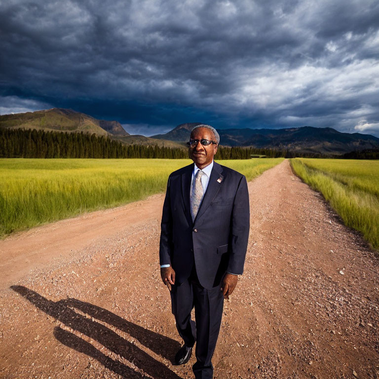 Distinguished person in suit on dirt road with green fields and mountains under dramatic sky