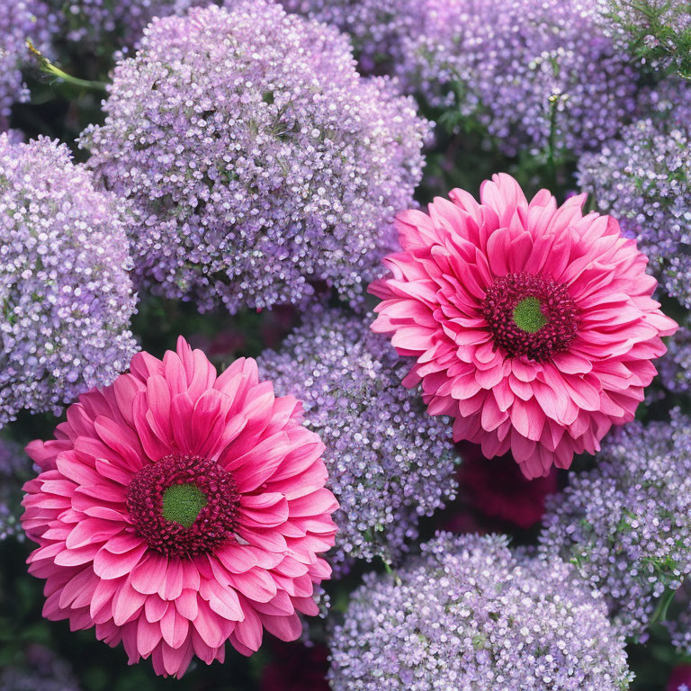 Vibrant pink gerbera flowers contrast delicate purple blooms