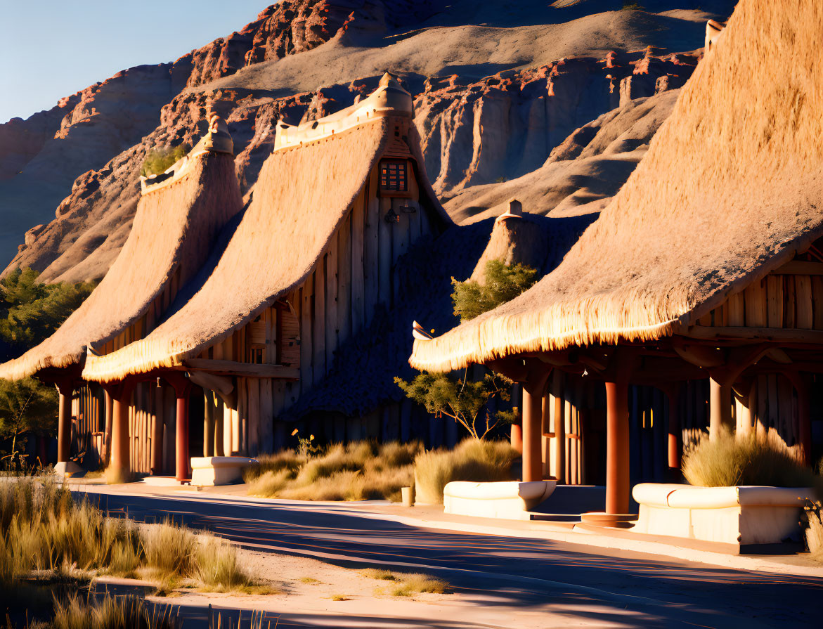 Thatched Roof Lodges by Rocky Mountain at Sunset