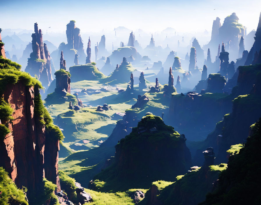 Towering Rock Formations in Verdant Valley Landscape