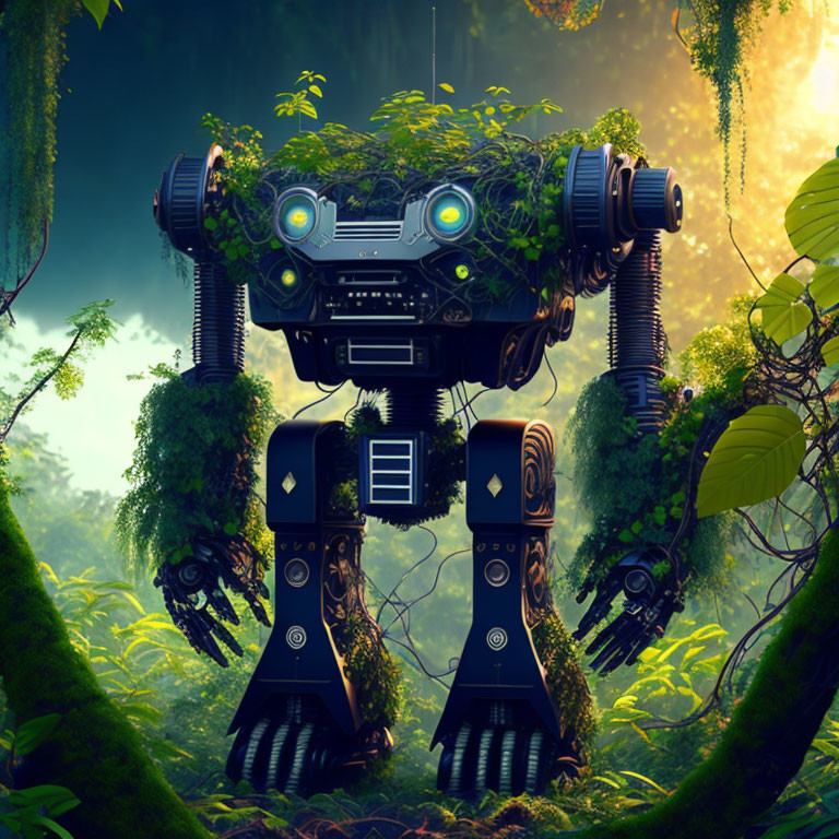 Giant overgrown robot with glowing blue eyes in lush forest