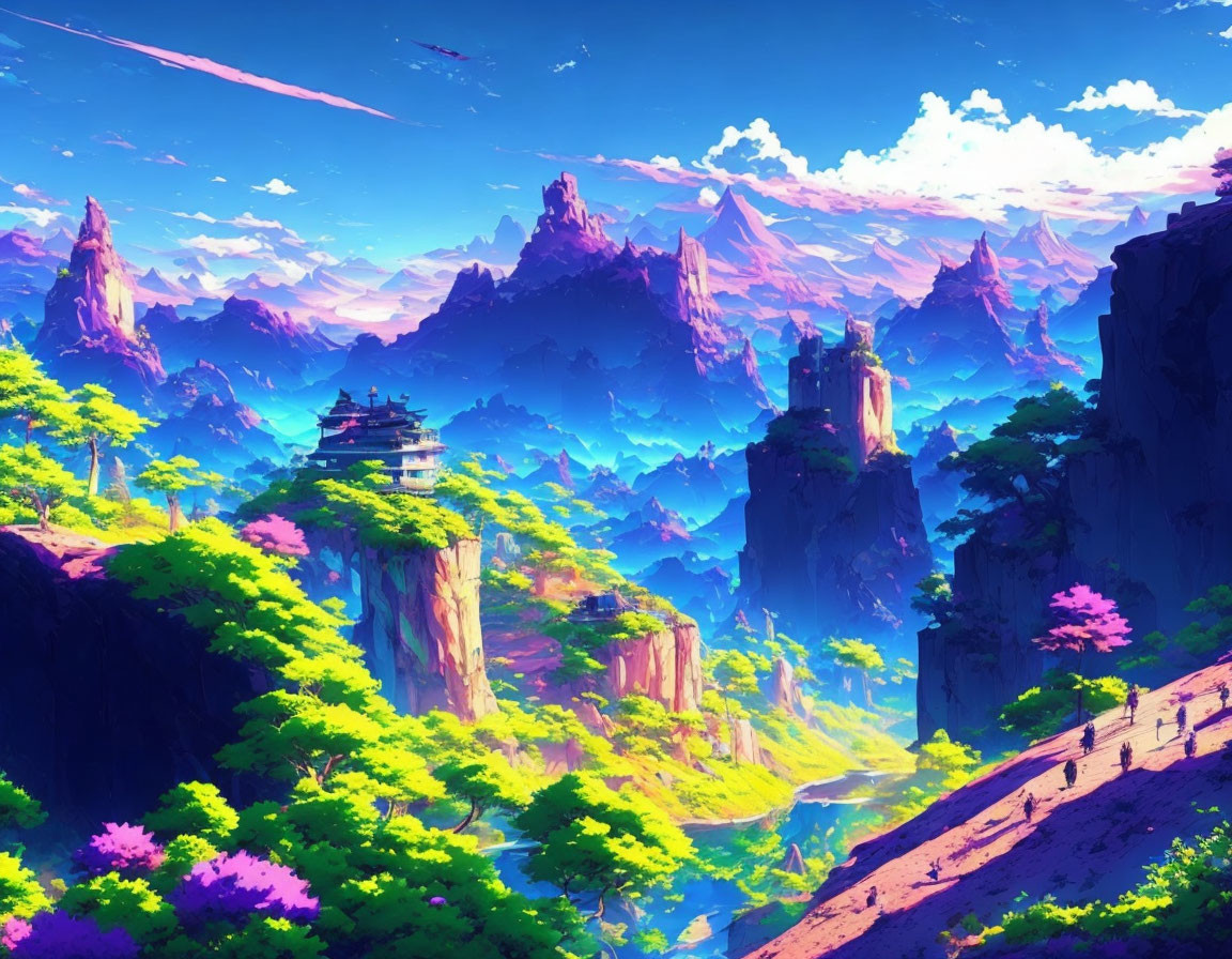 Vibrant fantasy landscape with towering rock formations and traditional buildings.