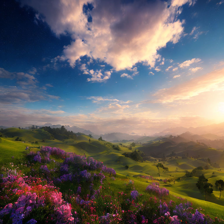 Scenic sunset landscape with rolling hills and wildflowers at dusk