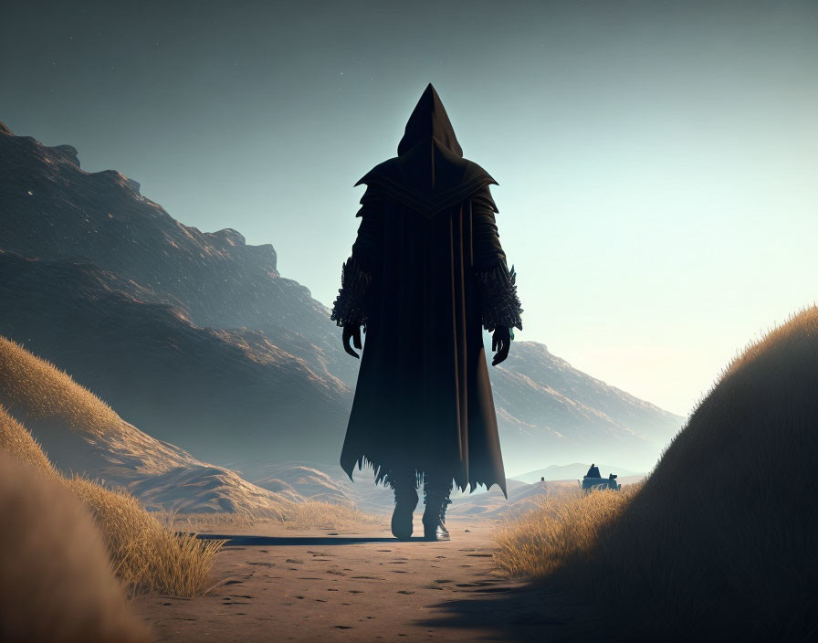 Cloaked Figure in Desert Landscape at Dusk