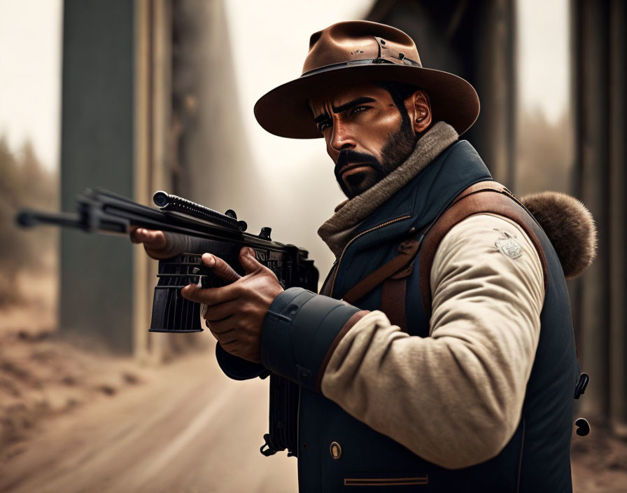 Bearded man in hat and vest holding gun on dusty road