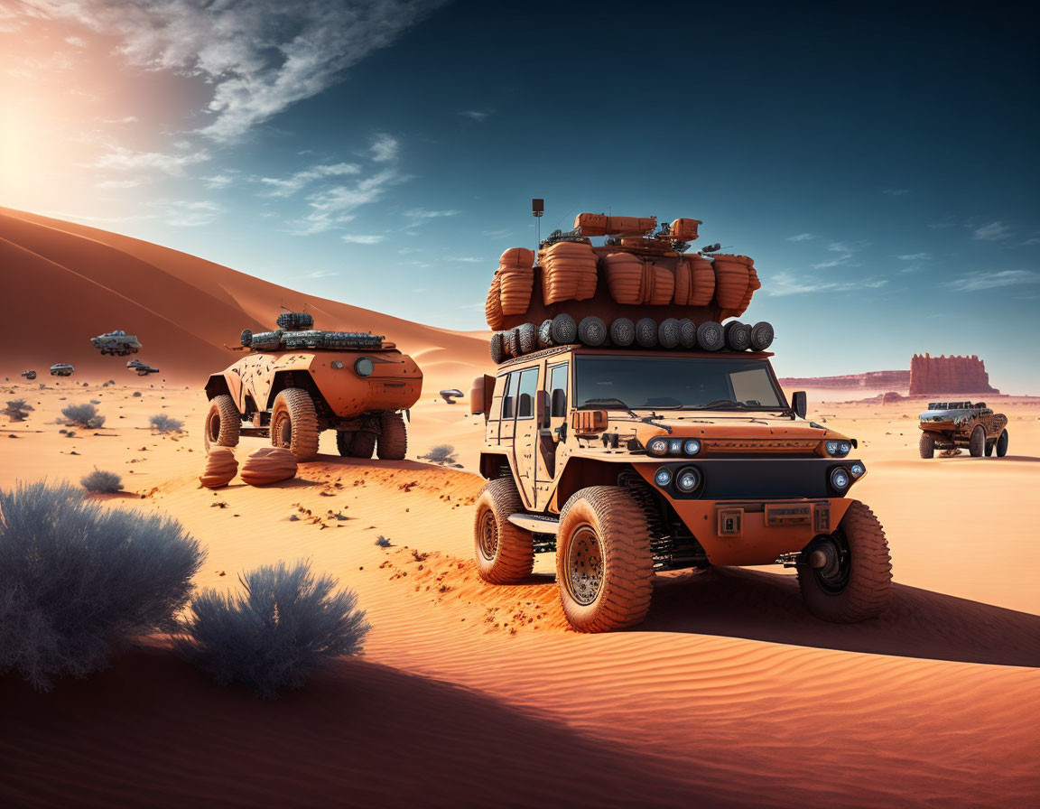 Futuristic desert vehicles with supplies, sand dunes, bright sky