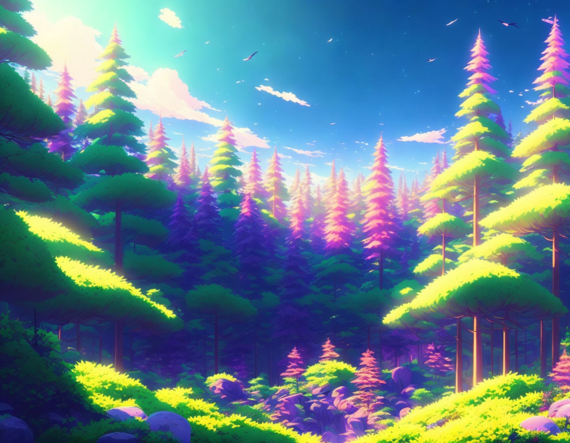 Vibrant animated forest with green trees and purple hues