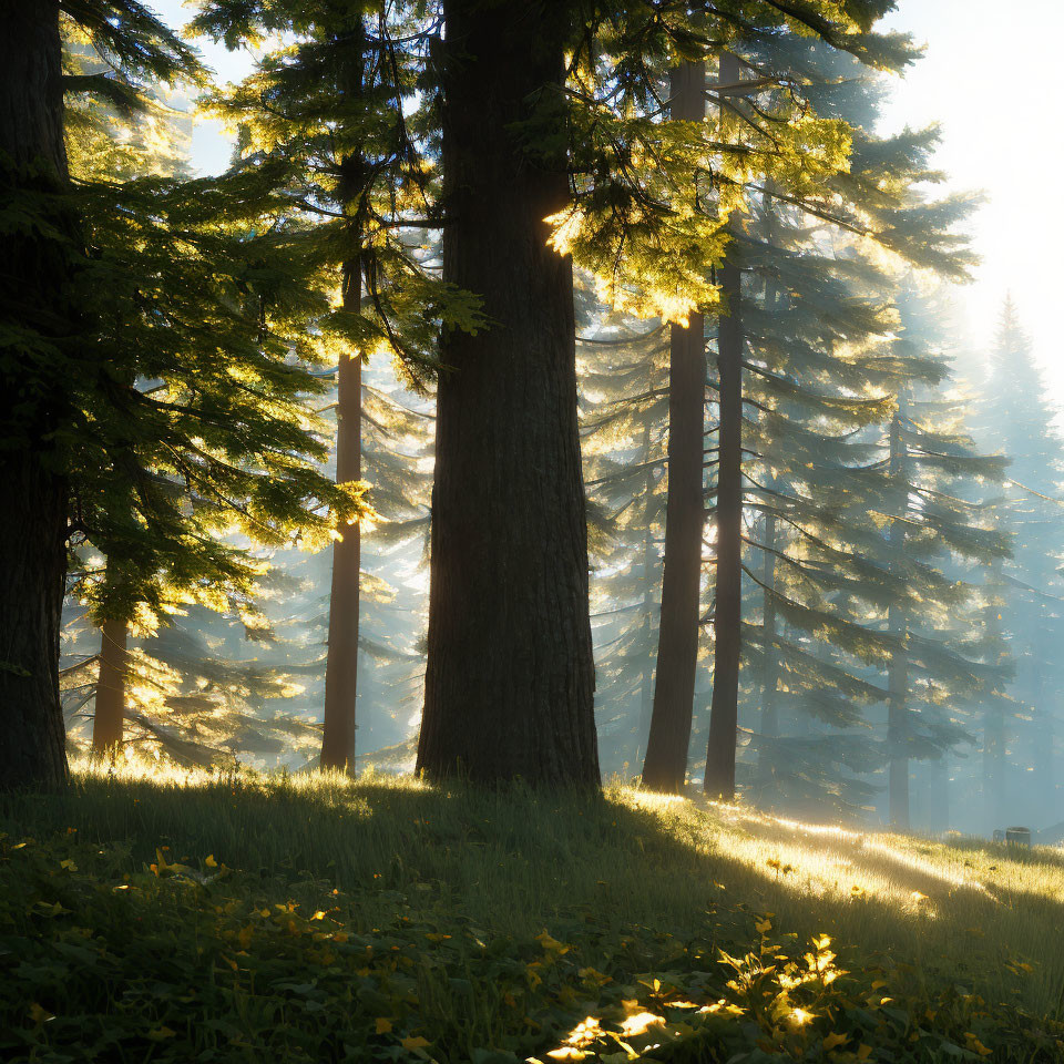 Serene forest scene with sunlight filtering through misty air