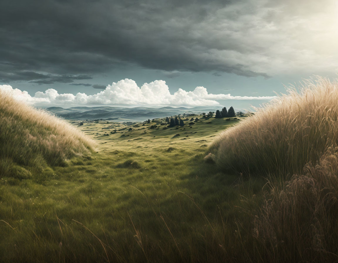 Lush green rolling hills under dramatic sky