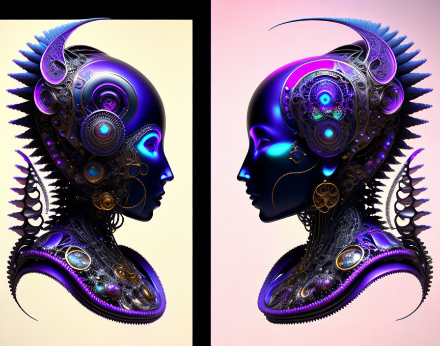 Futuristic robotic head digital art in purple and black tones