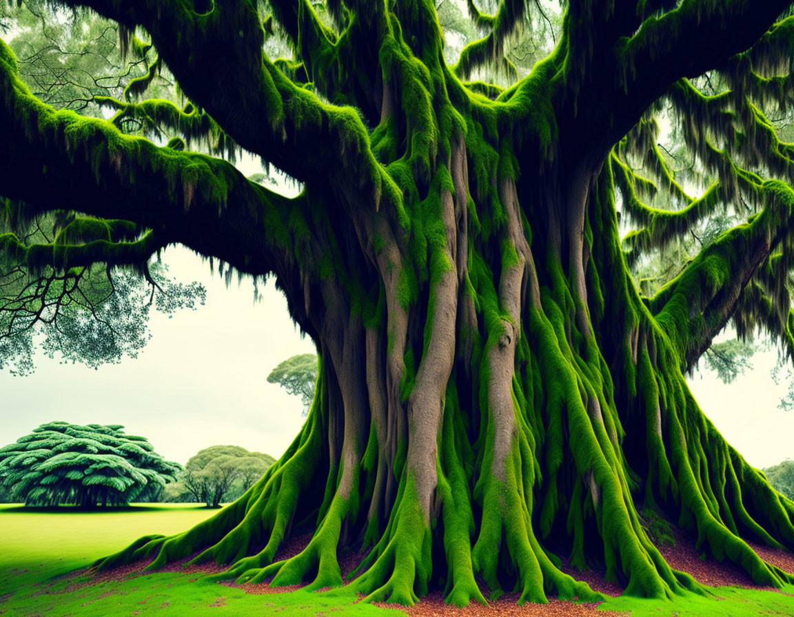 Majestic tree with massive trunk, green moss, sprawling roots, and umbrella-like canopy against serene