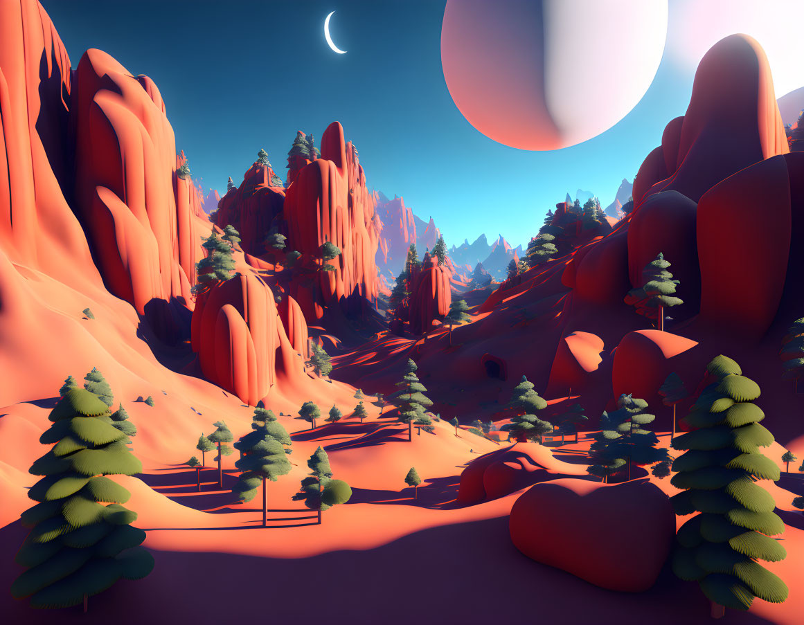 Surreal landscape with oversized moon-like orbs, crescent moon, red rock formations, and sparse