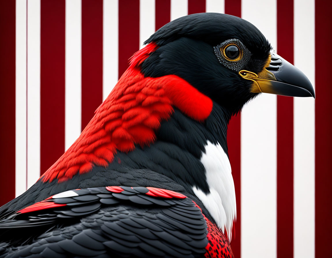 Detailed Bird Illustration with Black, White, and Red Features