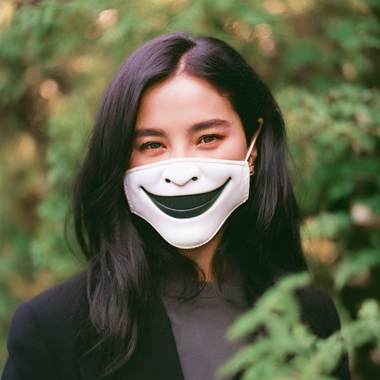 Long-Haired Person Wearing Smiley Mask in Greenery Setting