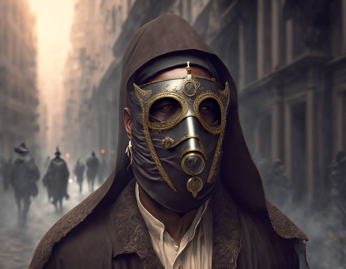 Steampunk-style plague doctor in foggy street with silhouettes.