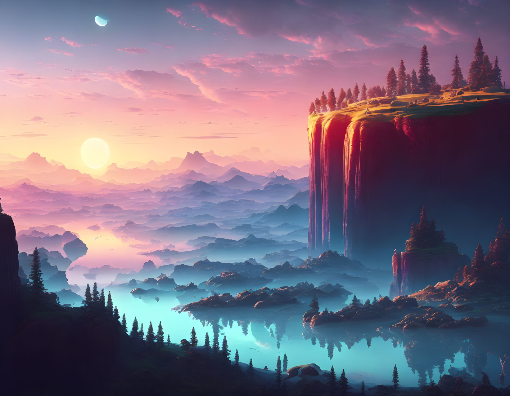 Surreal landscape with towering cliffs, forest, lakes, and dual moons