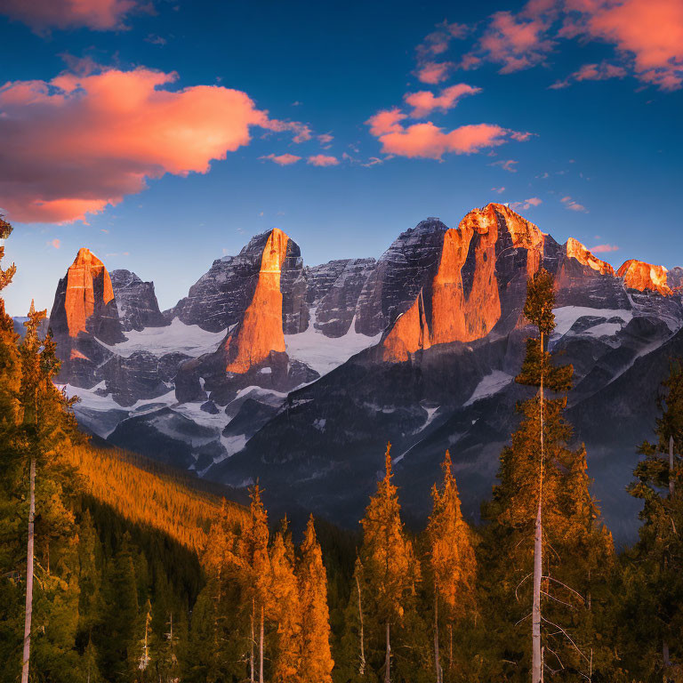 Majestic snow-capped mountains at sunset with pink sky and pine forest