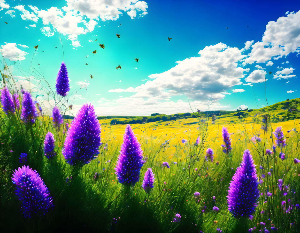 Colorful Wildflower Field with Lupines and Butterflies under Blue Sky