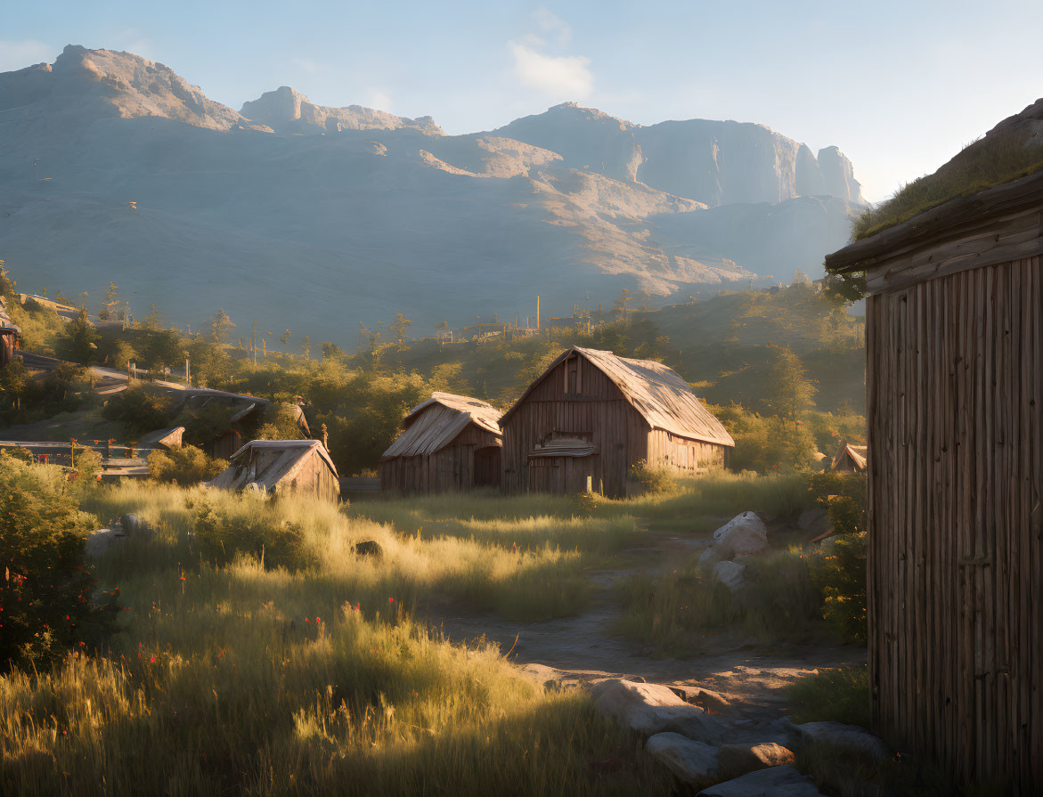 Rustic wooden houses in serene meadow with tall grass and mountains.