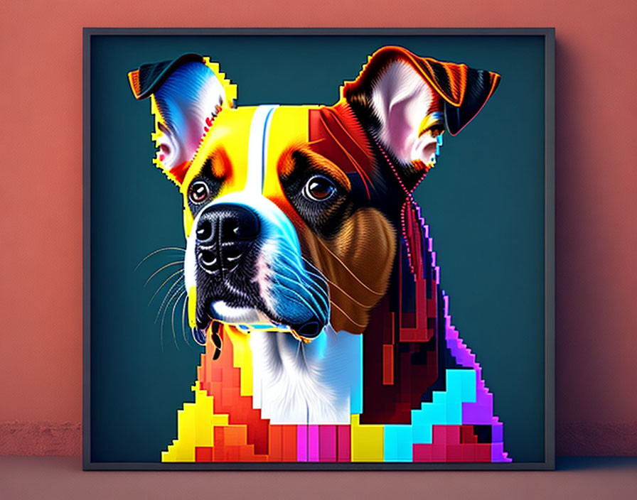 Colorful Geometric Dog Artwork on Red Background