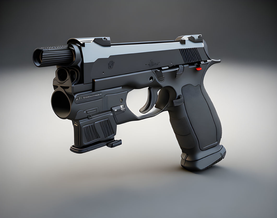 Black semi-automatic pistol with textured grip and red dot sight on gray backdrop