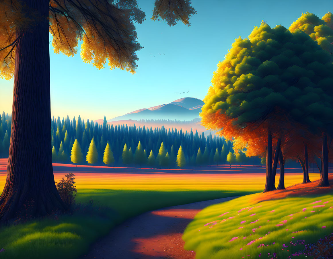 Tranquil sunset landscape with vibrant trees, winding path, mountains, and meadow