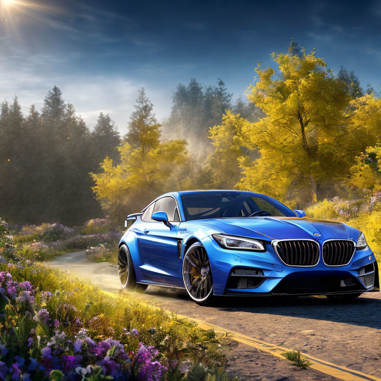 Blue sports car on country road with sunlight, trees, and wildflowers.